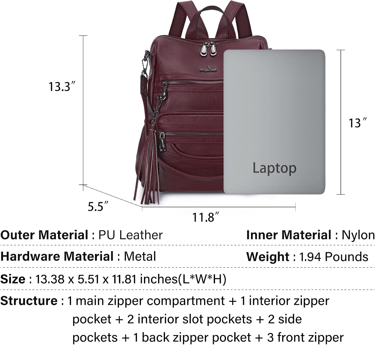 image:imageAngel Kiss Womens Backpacks amp Purse PU Leather Zipper Casual Backpacks amp Shoulder BagsY21wine