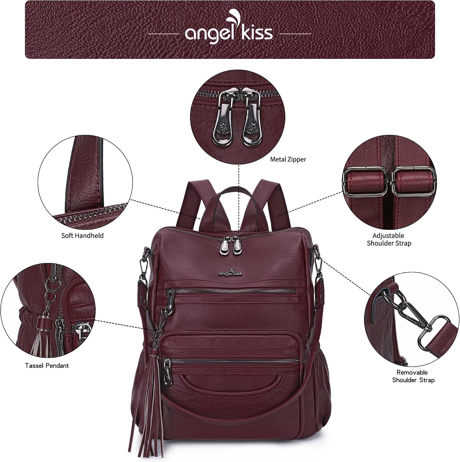 image:imageAngel Kiss Womens Backpacks amp Purse PU Leather Zipper Casual Backpacks amp Shoulder BagsY21wine