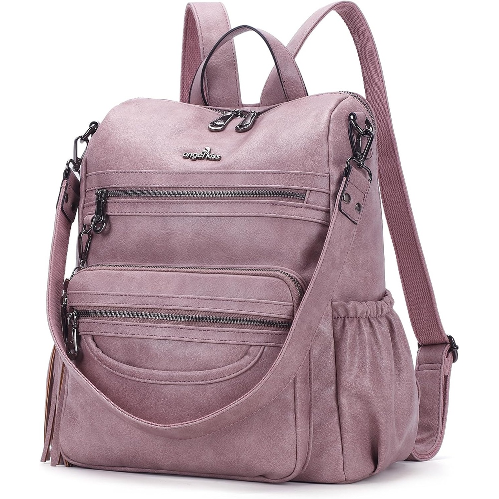 image:imageAngel Kiss Womens Backpacks amp Purse PU Leather Zipper Casual Backpacks amp Shoulder BagsRetro Pink