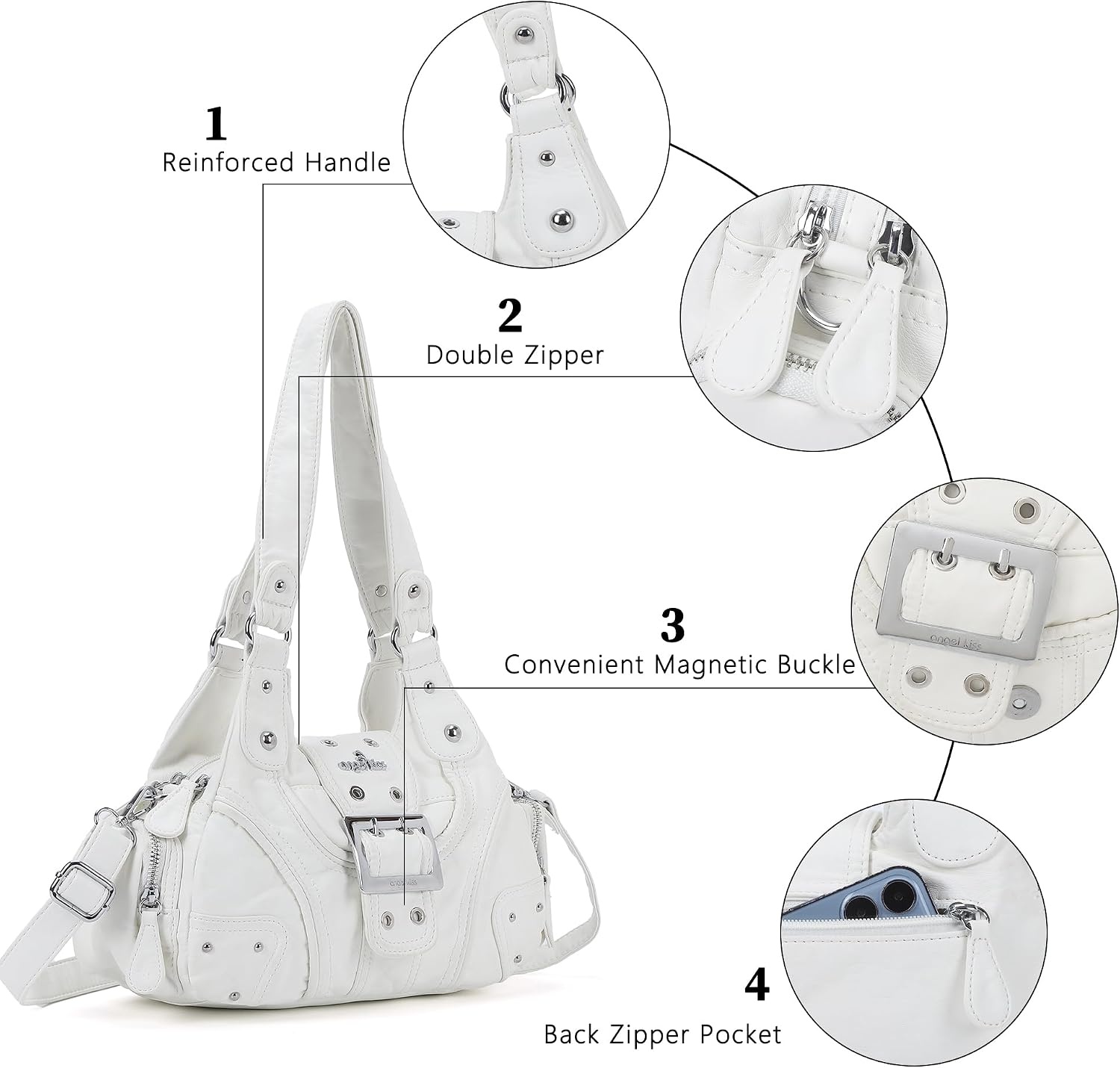 image:imageAngel Kiss Hobo Purses for Women Small Vegan Leather Shoulder Handbag Vintage MultiPocket Crossbody Bag Tote BagWhite