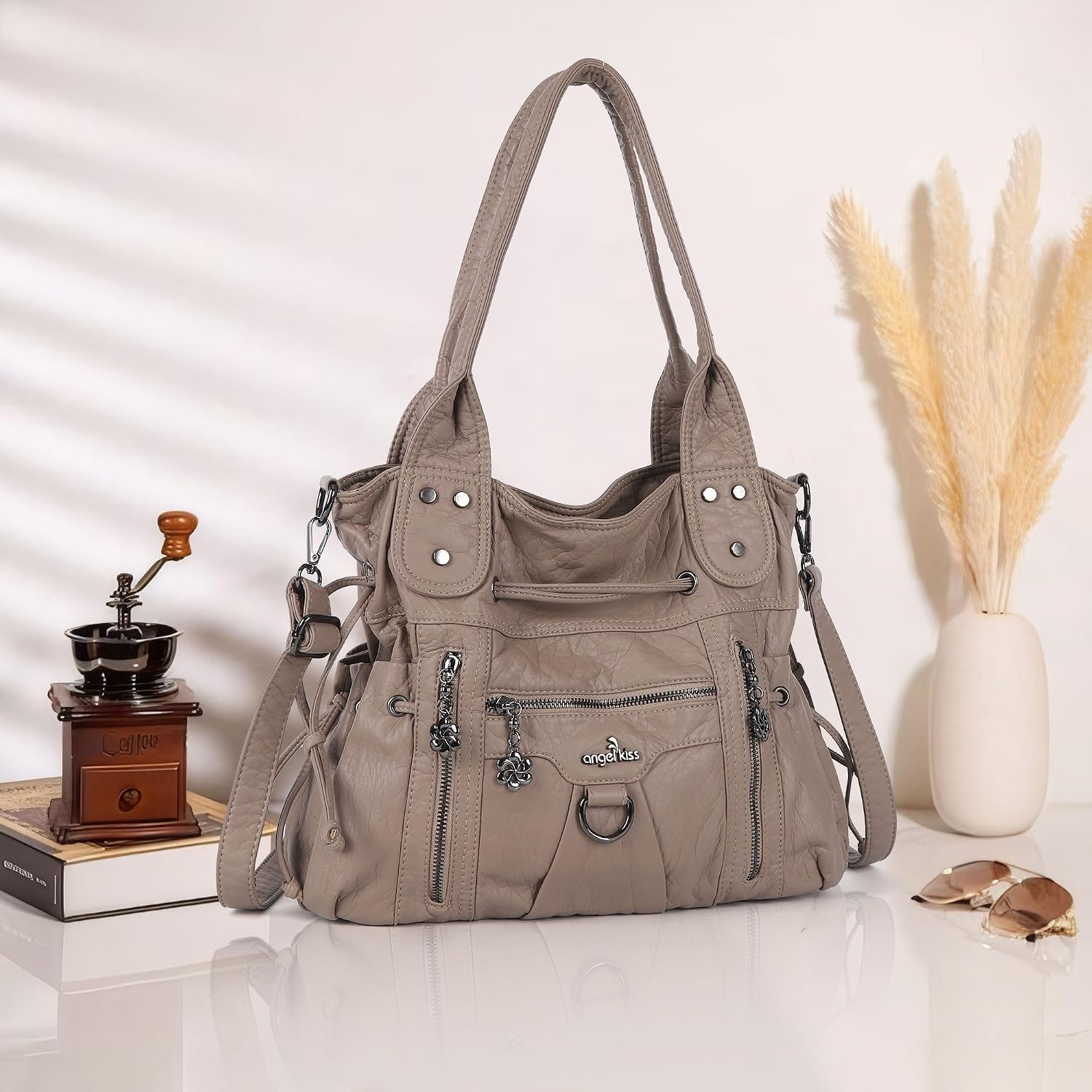 image:imageAngel Kiss Hobo Bags for Women Fashion Shoulder Bag Ladies Purses and Handbags Roomy Tote Bags Purse with Crossbody StrapApricot