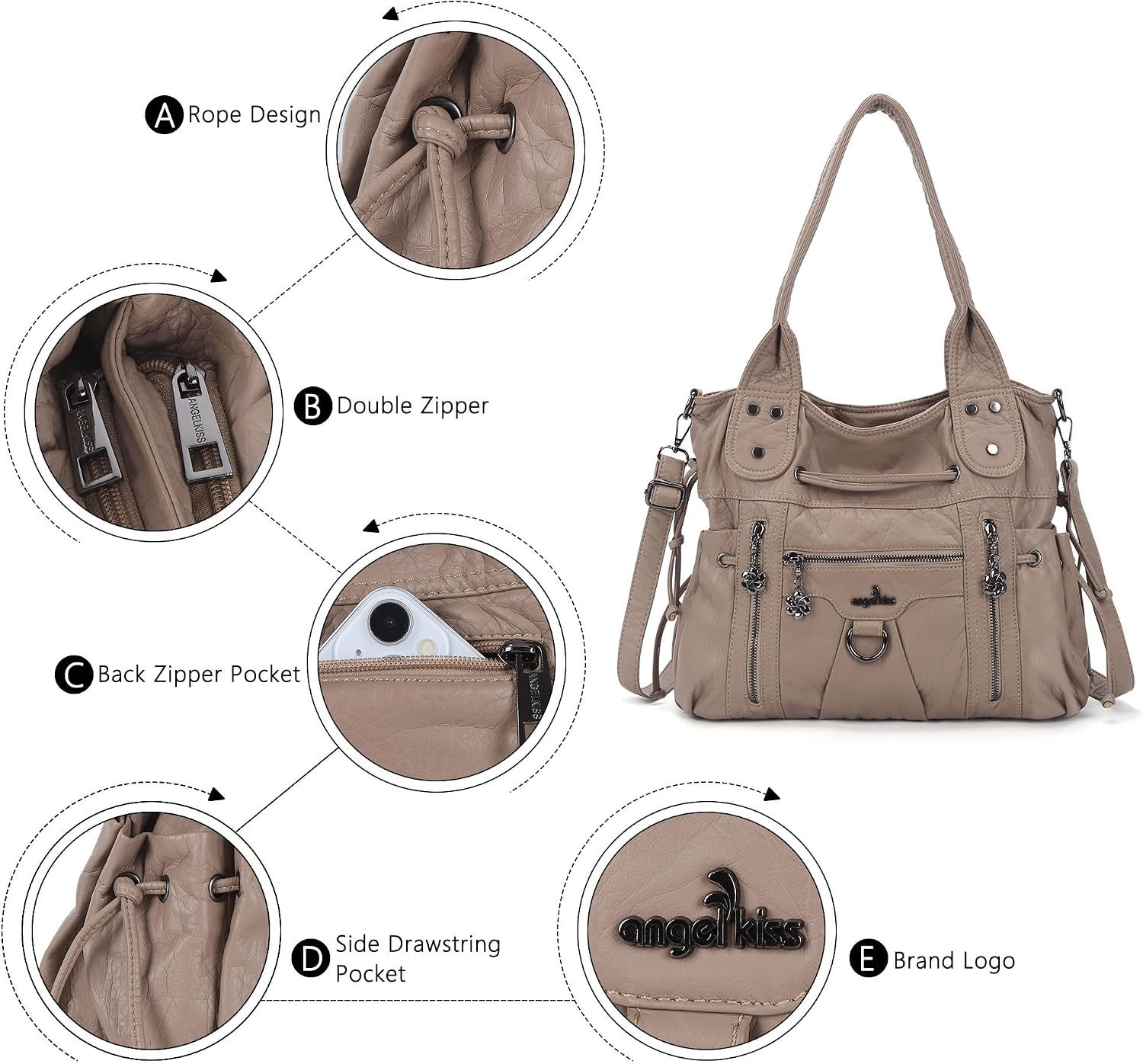 image:imageAngel Kiss Hobo Bags for Women Fashion Shoulder Bag Ladies Purses and Handbags Roomy Tote Bags Purse with Crossbody StrapApricot