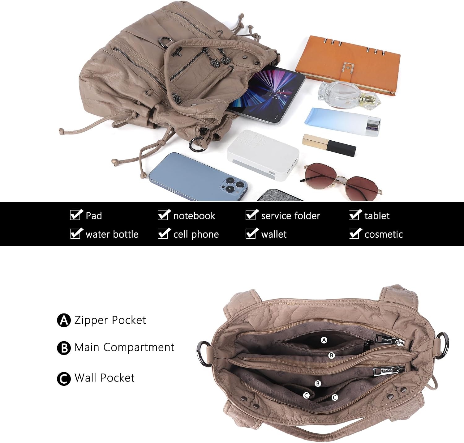 image:imageAngel Kiss Hobo Bags for Women Fashion Shoulder Bag Ladies Purses and Handbags Roomy Tote Bags Purse with Crossbody StrapApricot