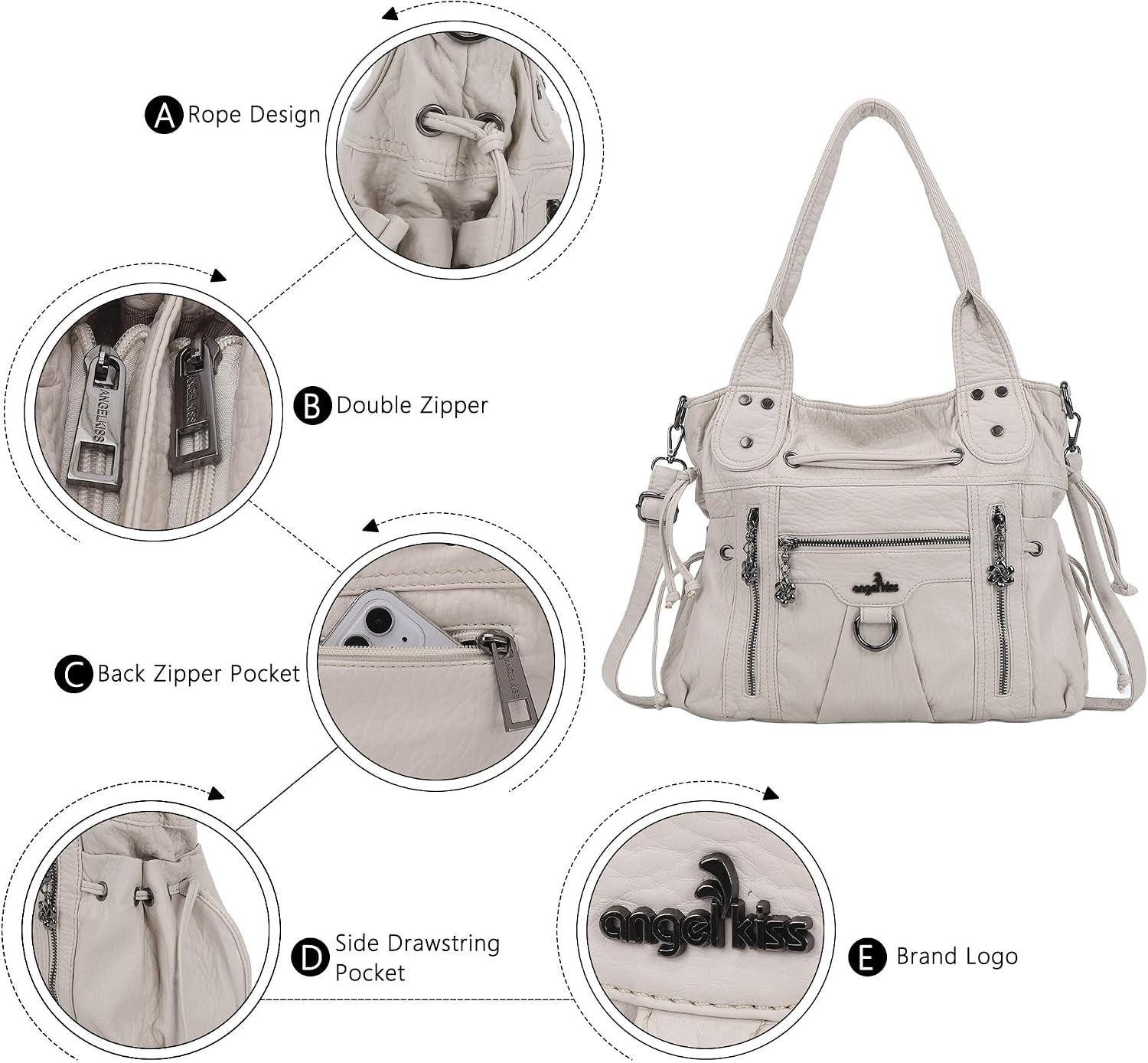 image:imageAngel Kiss Hobo Bags for Women Fashion Shoulder Bag Ladies Purses and Handbags Roomy Tote Bags Purse with Crossbody StrapBeige