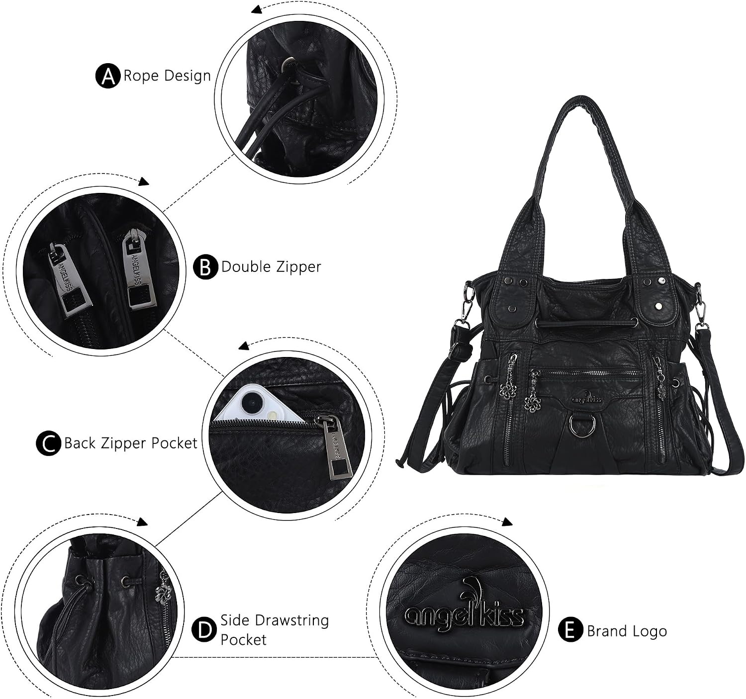image:imageAngel Kiss Hobo Bags for Women Fashion Shoulder Bag Ladies Purses and Handbags Roomy Tote Bags Purse with Crossbody StrapBlack