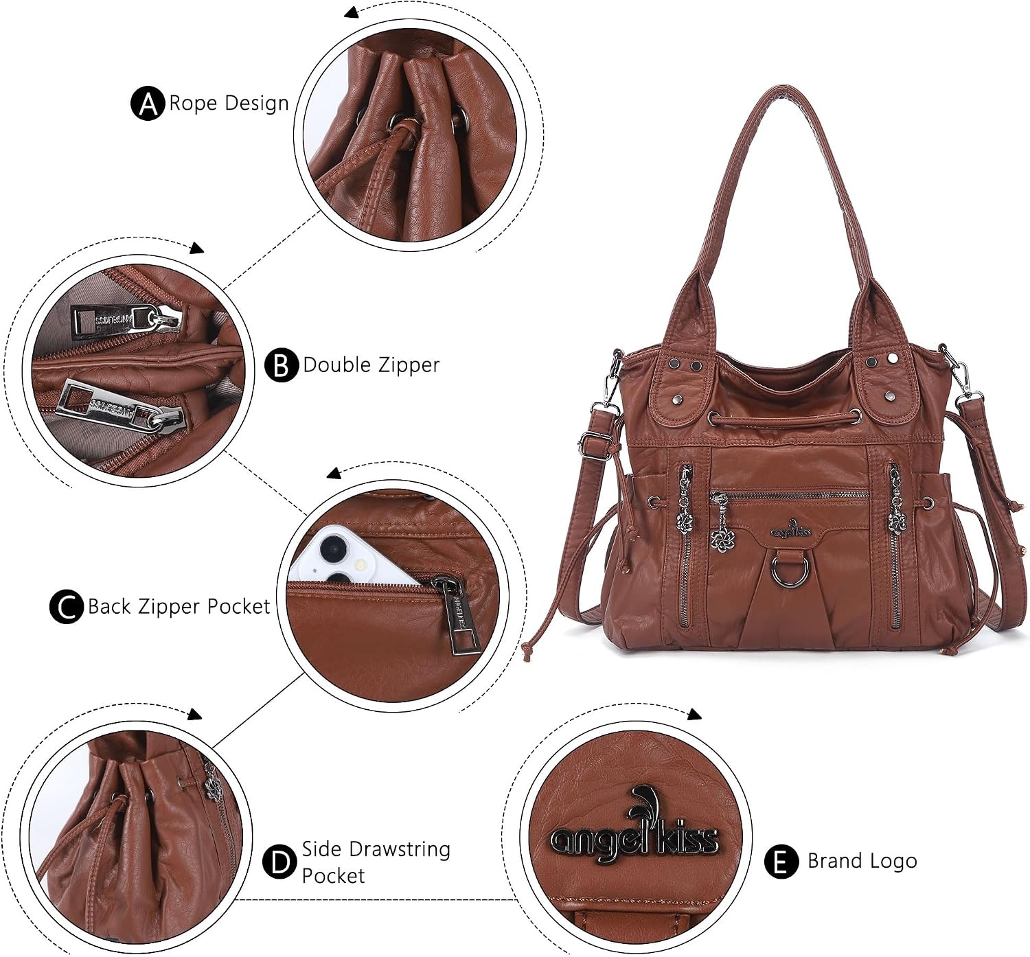 image:imageAngel Kiss Hobo Bags for Women Fashion Shoulder Bag Ladies Purses and Handbags Roomy Tote Bags Purse with Crossbody StrapBrown