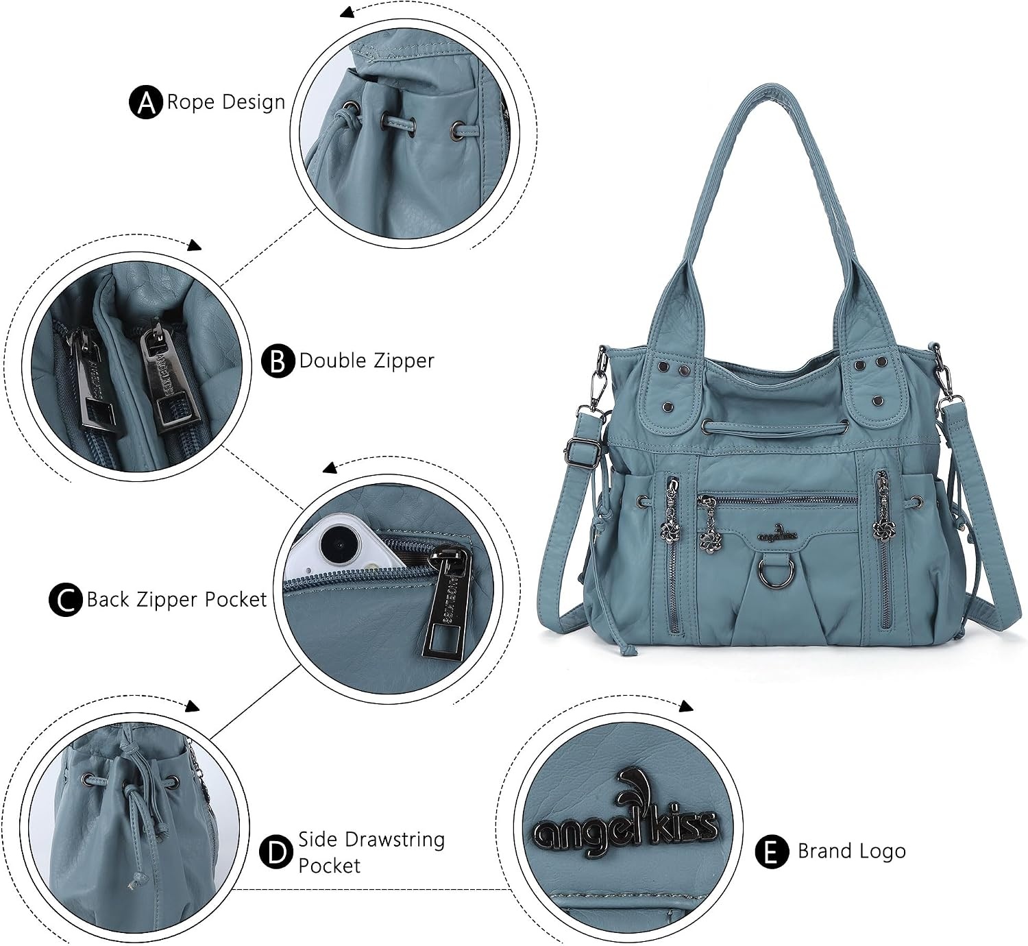 image:imageAngel Kiss Hobo Bags for Women Fashion Shoulder Bag Ladies Purses and Handbags Roomy Tote Bags Purse with Crossbody StrapLblue