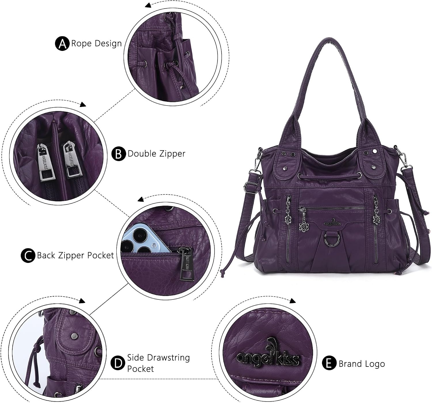 image:imageAngel Kiss Hobo Bags for Women Fashion Shoulder Bag Ladies Purses and Handbags Roomy Tote Bags Purse with Crossbody StrapPurple