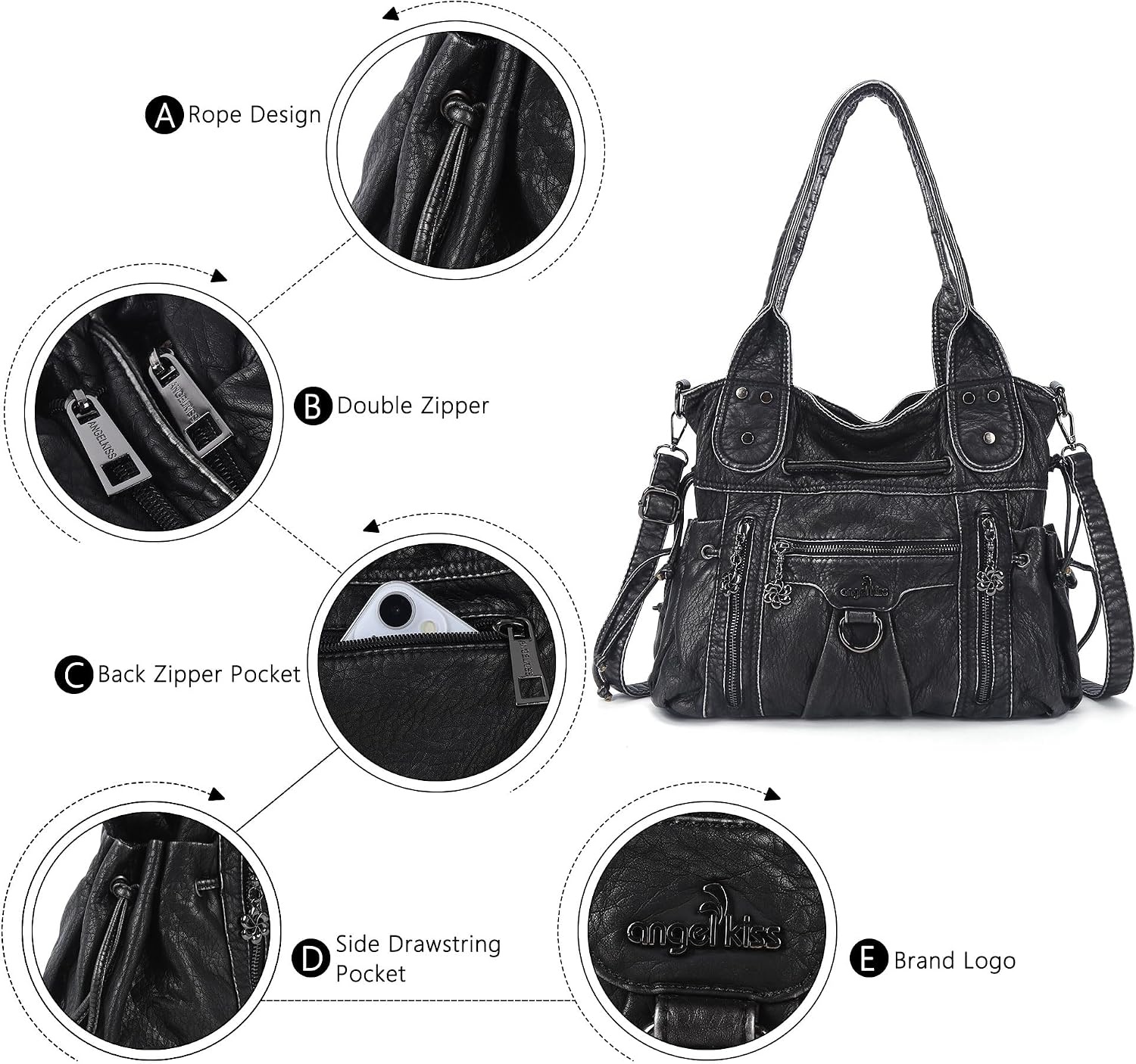 image:imageAngel Kiss Hobo Bags for Women Fashion Shoulder Bag Ladies Purses and Handbags Roomy Tote Bags Purse with Crossbody StrapSilver Black