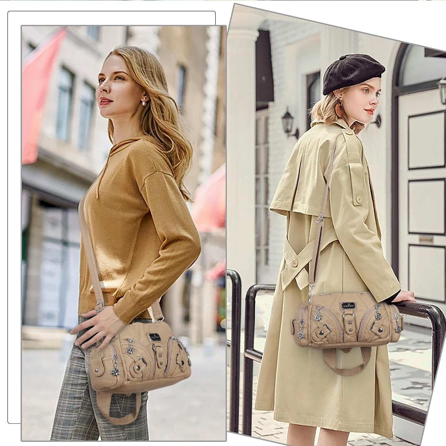 image:imageAngel Kiss Purses for Women Small Hobo Shoulder Bags Vagen Leather MultiPocket Tote Bag with ZipperApricot
