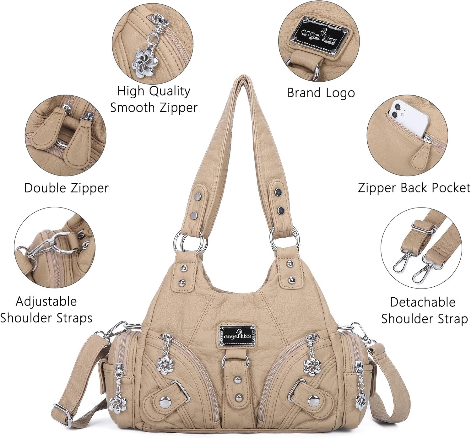 image:imageAngel Kiss Purses for Women Small Hobo Shoulder Bags Vagen Leather MultiPocket Tote Bag with ZipperApricot