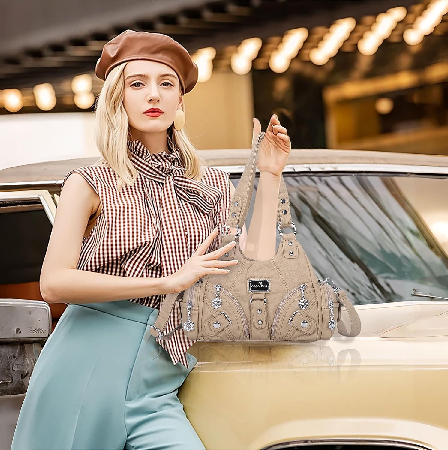 image:imageAngel Kiss Purses for Women Small Hobo Shoulder Bags Vagen Leather MultiPocket Tote Bag with ZipperApricot