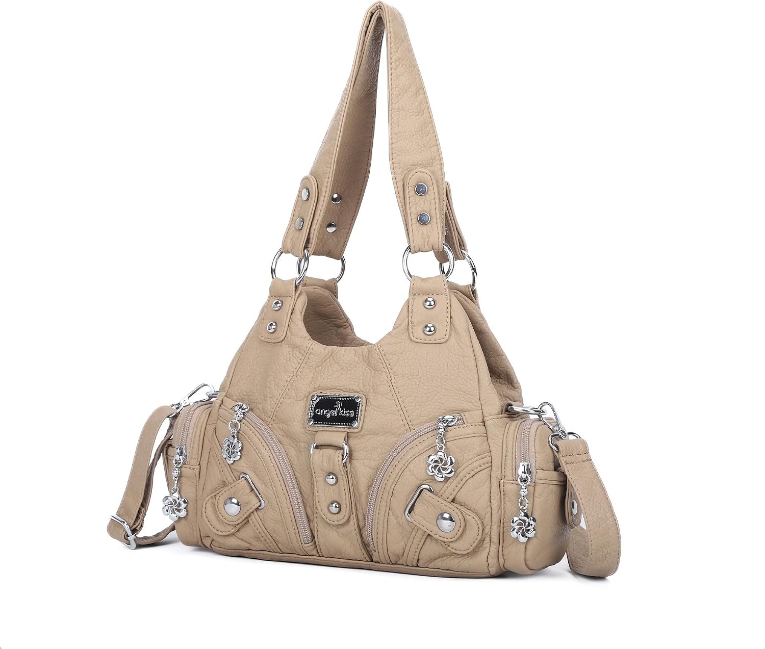 image:imageAngel Kiss Purses for Women Small Hobo Shoulder Bags Vagen Leather MultiPocket Tote Bag with ZipperApricot