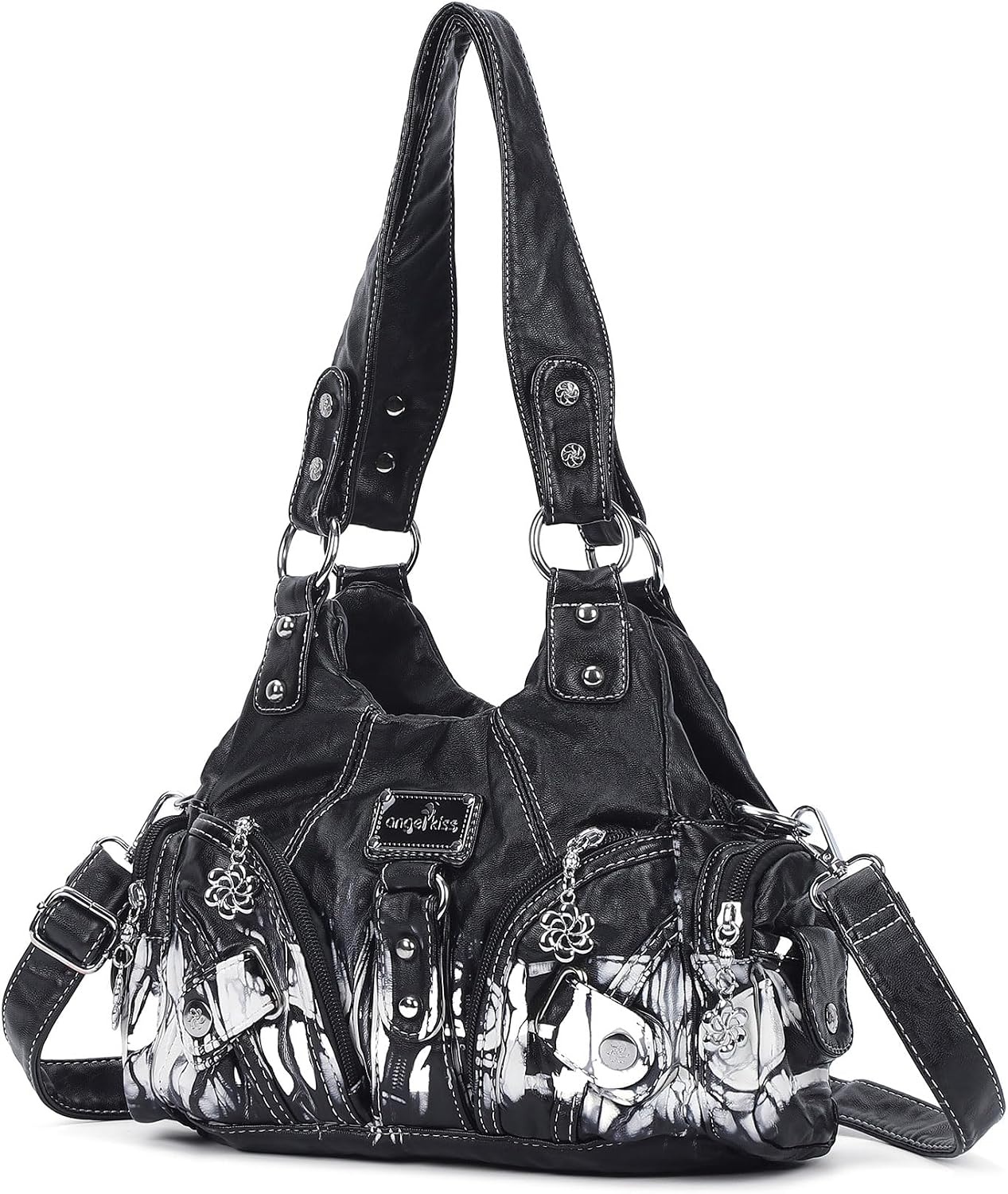 image:imageAngel Kiss Purses for Women Small Hobo Shoulder Bags Vagen Leather MultiPocket Tote Bag with ZipperBlack Tiedye