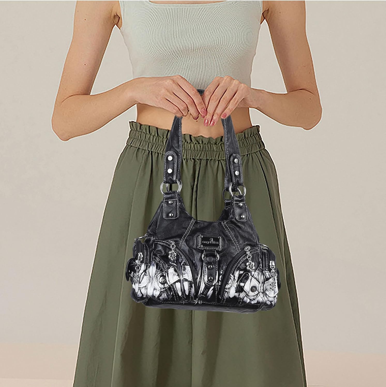 image:imageAngel Kiss Purses for Women Small Hobo Shoulder Bags Vagen Leather MultiPocket Tote Bag with ZipperBlack Tiedye