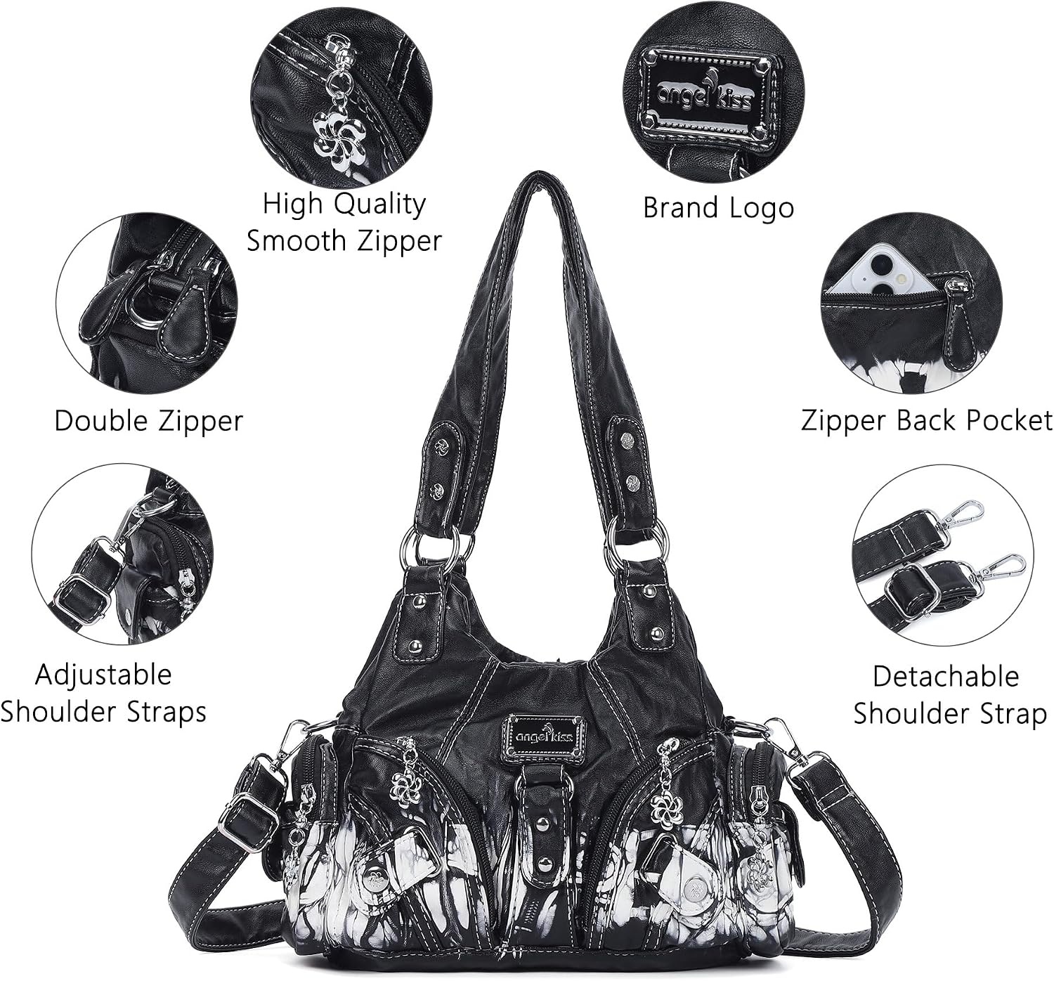 image:imageAngel Kiss Purses for Women Small Hobo Shoulder Bags Vagen Leather MultiPocket Tote Bag with ZipperBlack Tiedye