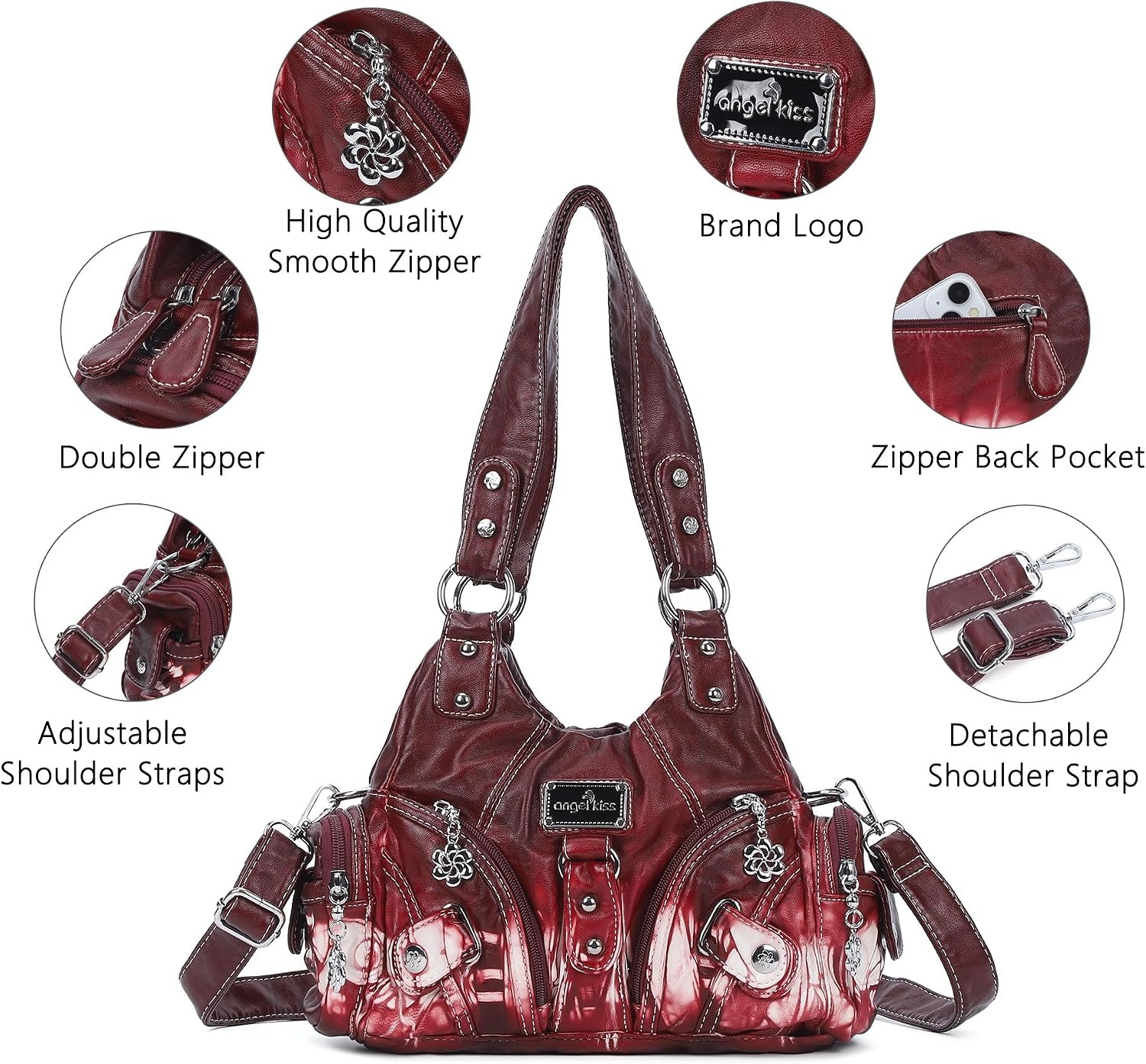 image:imageAngel Kiss Purses for Women Small Hobo Shoulder Bags Vagen Leather MultiPocket Tote Bag with ZipperRed Tiedye