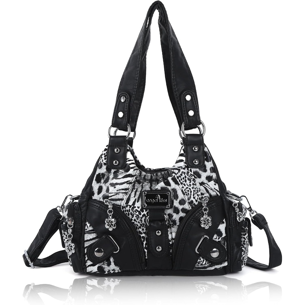 image:imageAngel Kiss Purses for Women Small Hobo Shoulder Bags Vagen Leather MultiPocket Tote Bag with ZipperBlack Leopard