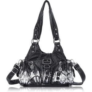 Angel Kiss Purses for Women Small Hobo Shoulder Bags Vagen Leather Multi-Pocket Tote Bag with Zipper(Black Tie-dye)